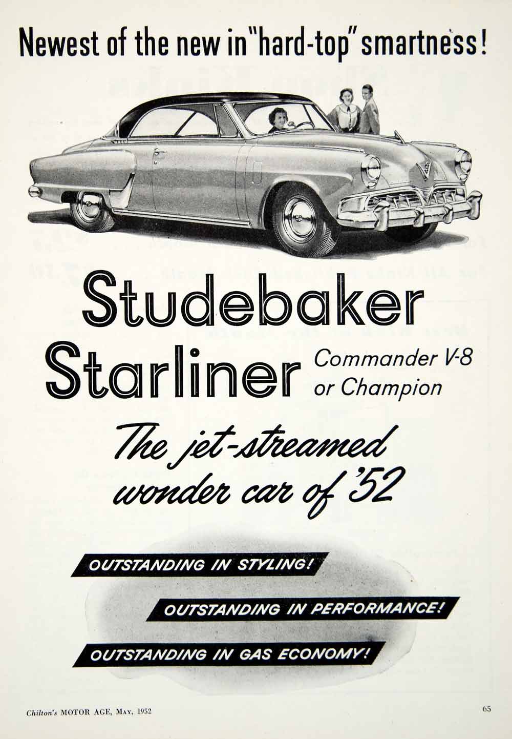 1952 Ad Studebaker Starliner V-8 Automobile Car Vehicle Commander Champion YMA1