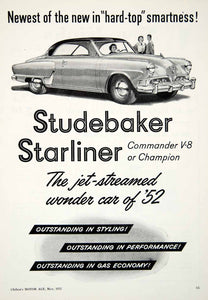 1952 Ad Studebaker Starliner V-8 Automobile Car Vehicle Commander Champion YMA1