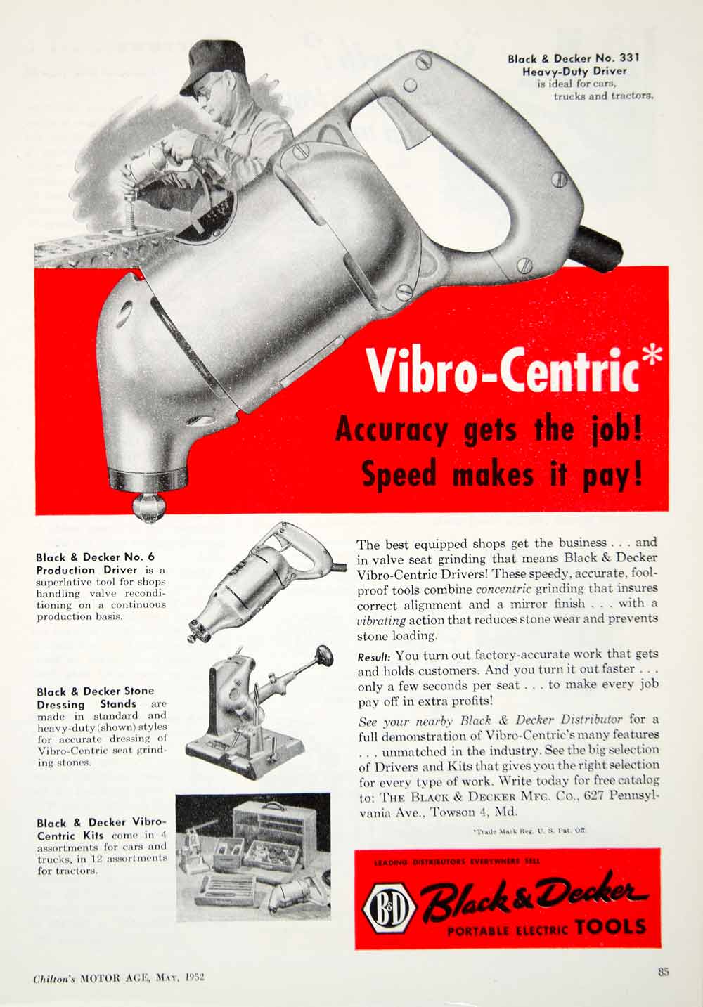 1952 Ad Vibro-Centric Black Decker Driver Automotive Tool Towson Vice YMA1