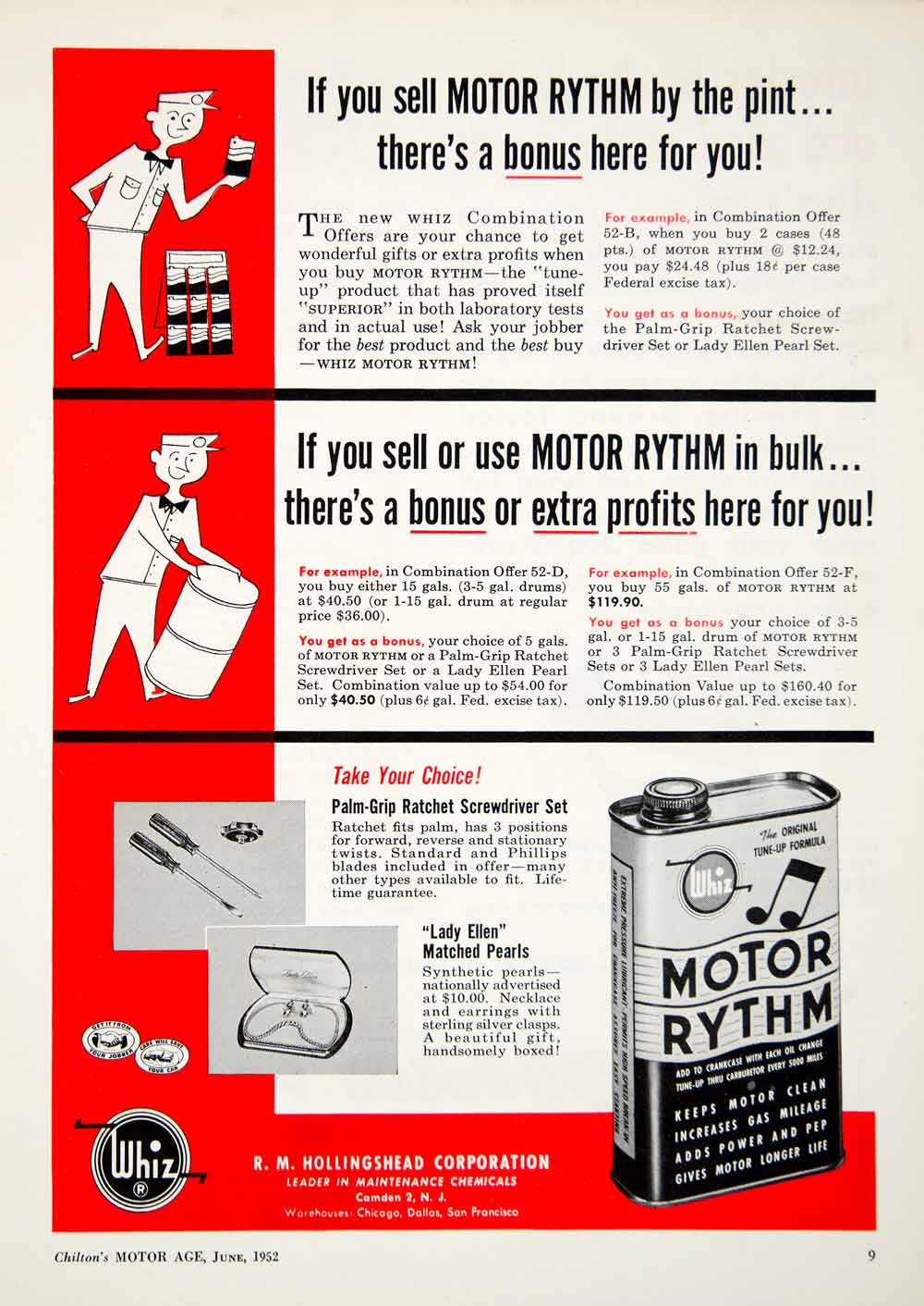 1952 Ad Motor Rythm R Hollingshead Screwdriver Ellen Pearls Oil Lubricant YMA1