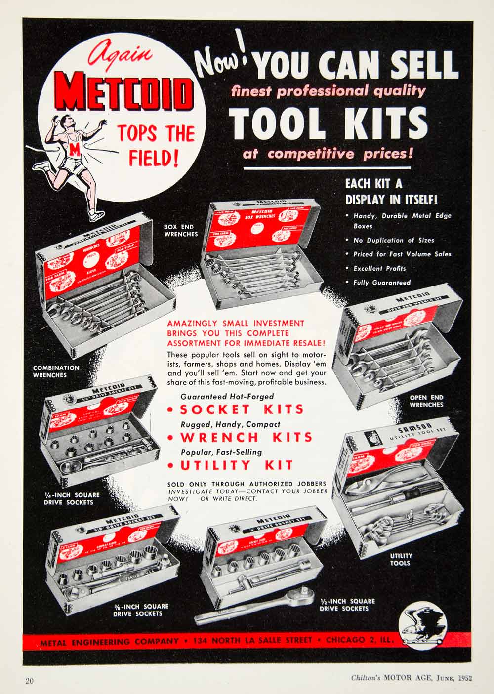 1952 Ad Metcoid Tool Kit Metal Engineering 134 North La Salle Wrench Socket YMA1