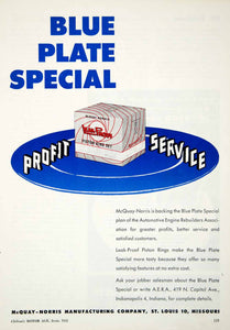 1952 Ad Leak-Proof McQuay-Norris Blue Plate Special Piston Ring 419 Capitol YMA1