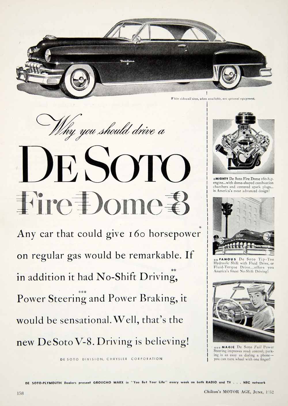1952 Ad DeSoto V-8 Automobile Fire Dome Sidewall Tires Chrysler Car Power YMA1