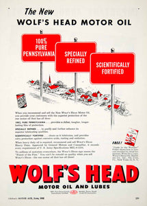 1952 Ad Wolf's Head Motor Oil Lube Automotive Heavy Duty Lubricant Refining YMA1