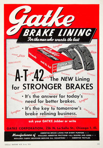 1952 Ad Gatke Brake Lining 236 La Salle Street Chicago Automotive Part YMA1