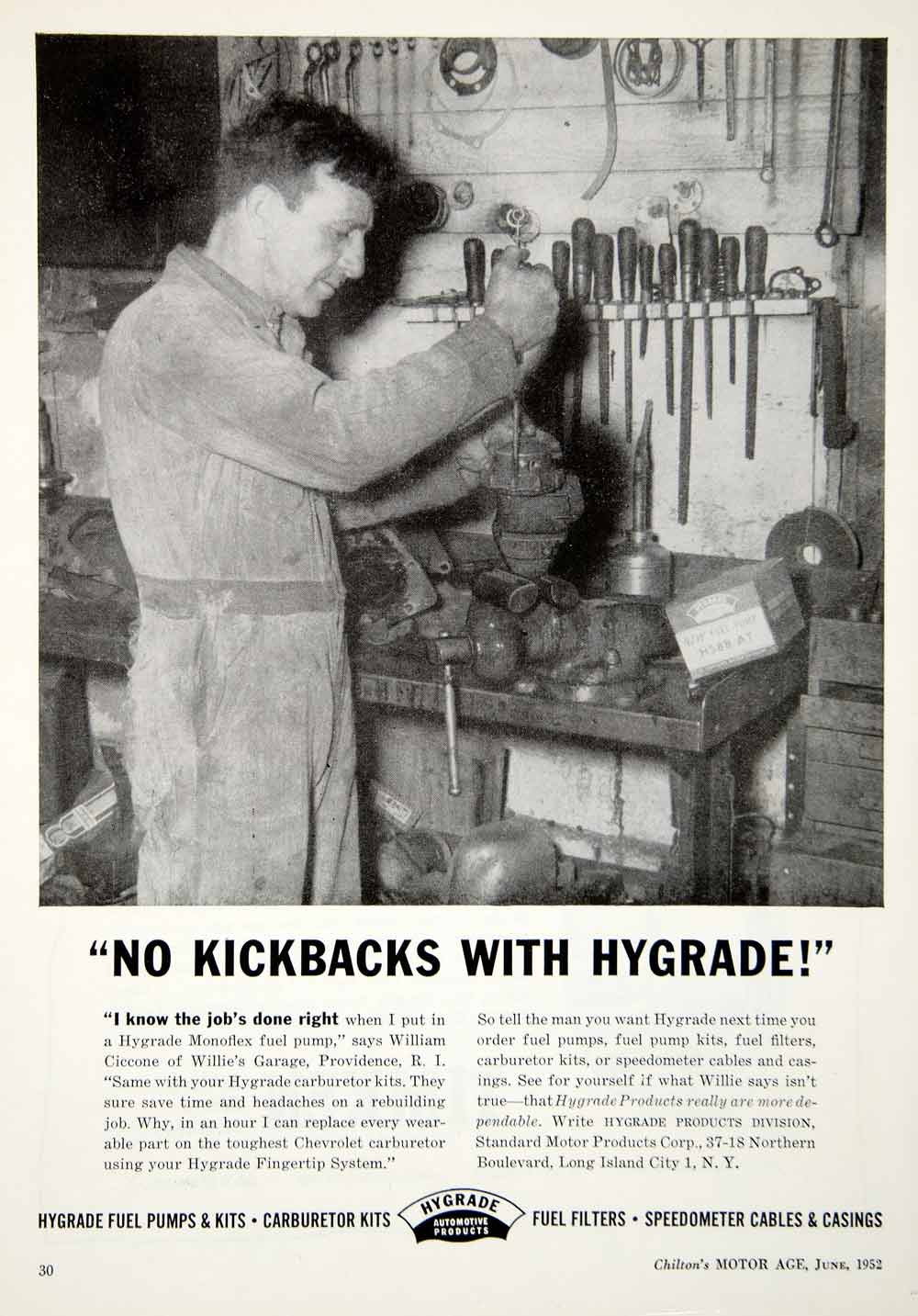 1952 Ad Hygrade Carburetor Monoflex William Ciccone Automotive Parts Fuel YMA1