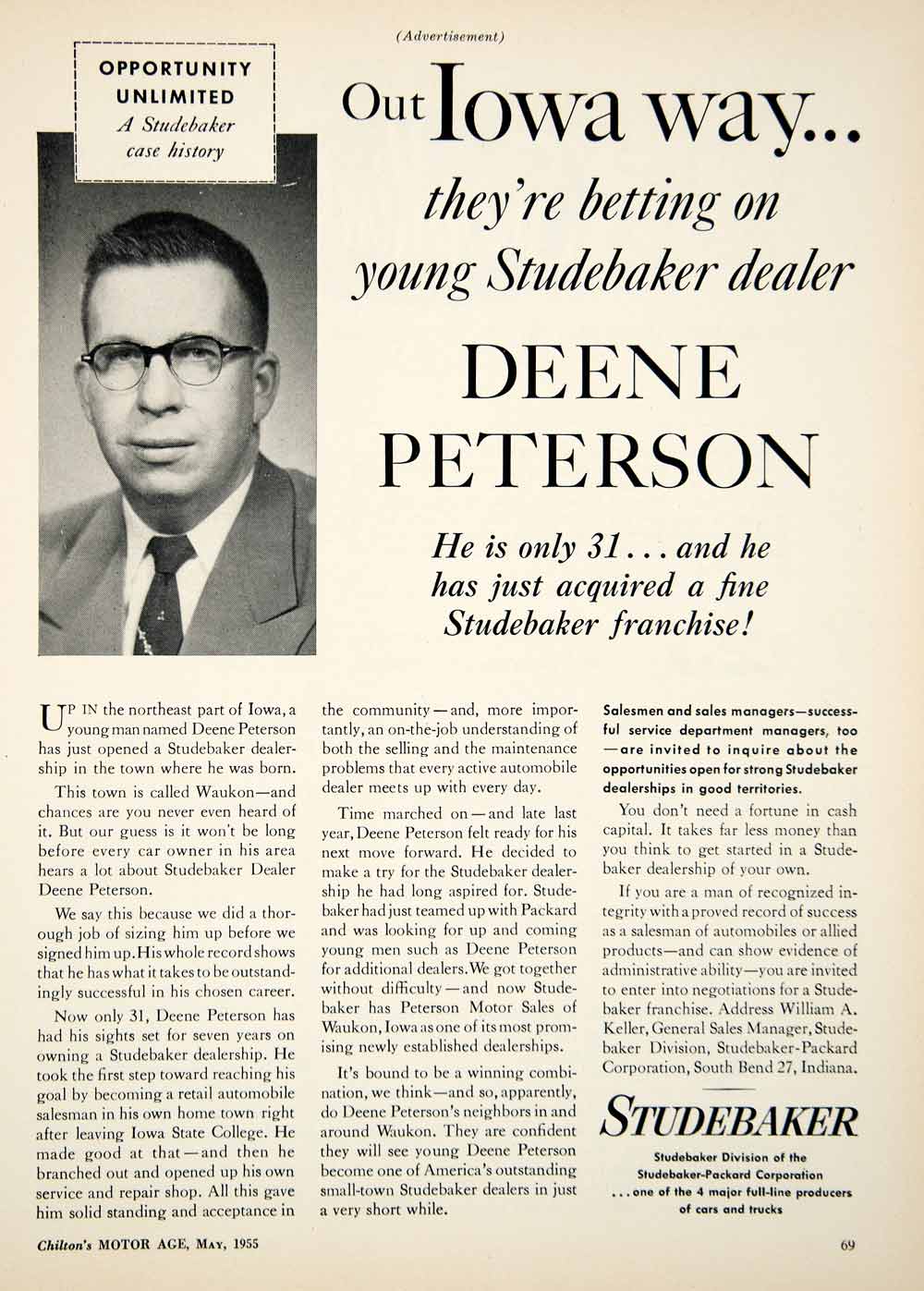 1955 Ad Deene Peterson Studebaker-Packard Iowa State College William Keller YMA1