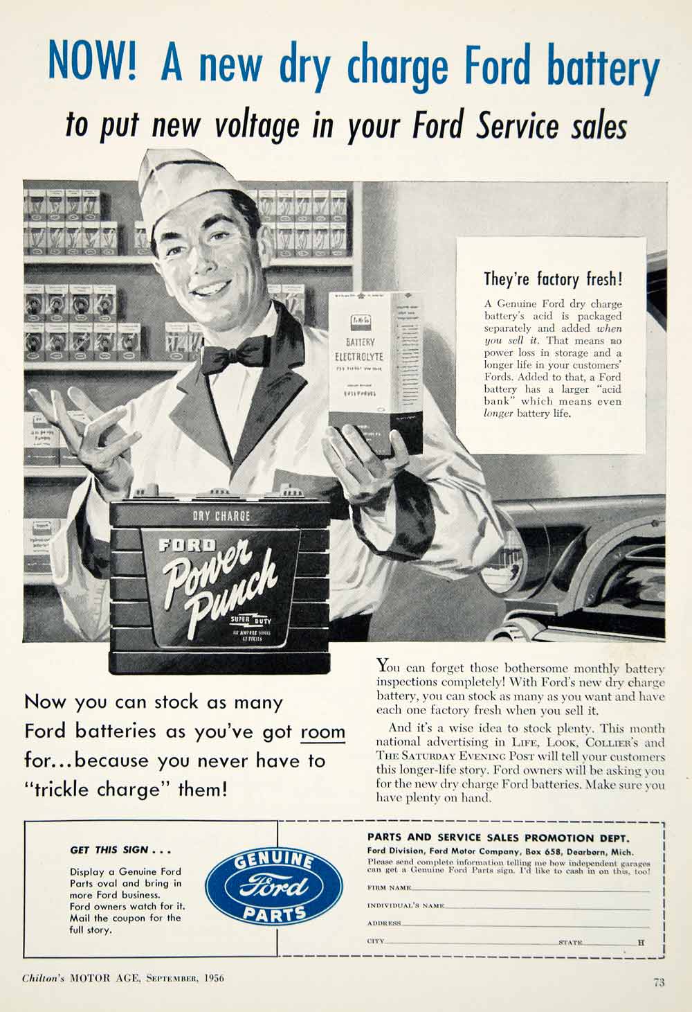 1956 Ad Ford Battery Automotive Part Dry Charge Acid Dearborn Super Duty YMA1