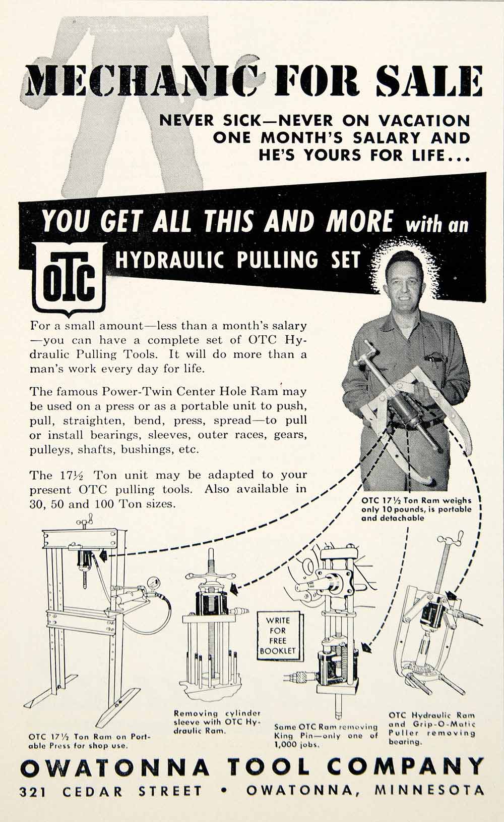 1955 Ad Owatonna Tool 321 Cedar Street Minnesota Hydraulic Pulling Set Ram YMA1