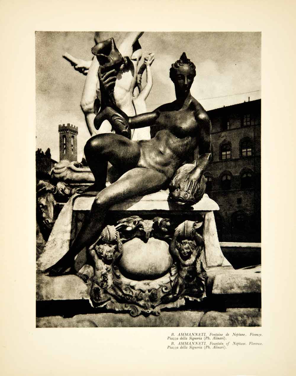 1933 Photogravure Bartolomeo Ammannati Art Fountain Neptune Florence Nude YMF2