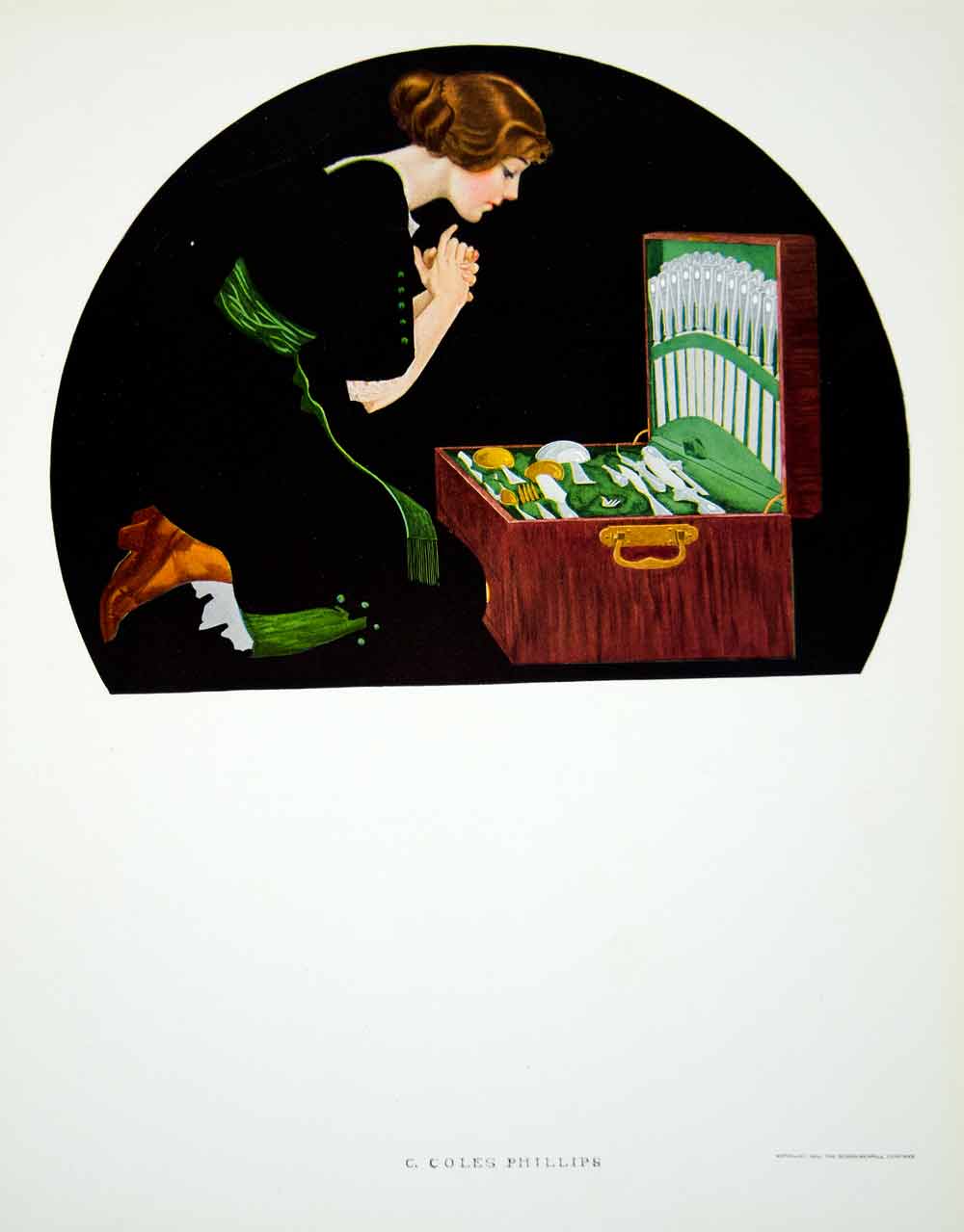 1912 Photolithograph Coles Phillips Fadeaway Girl Silver Flatware Set Box YMF3