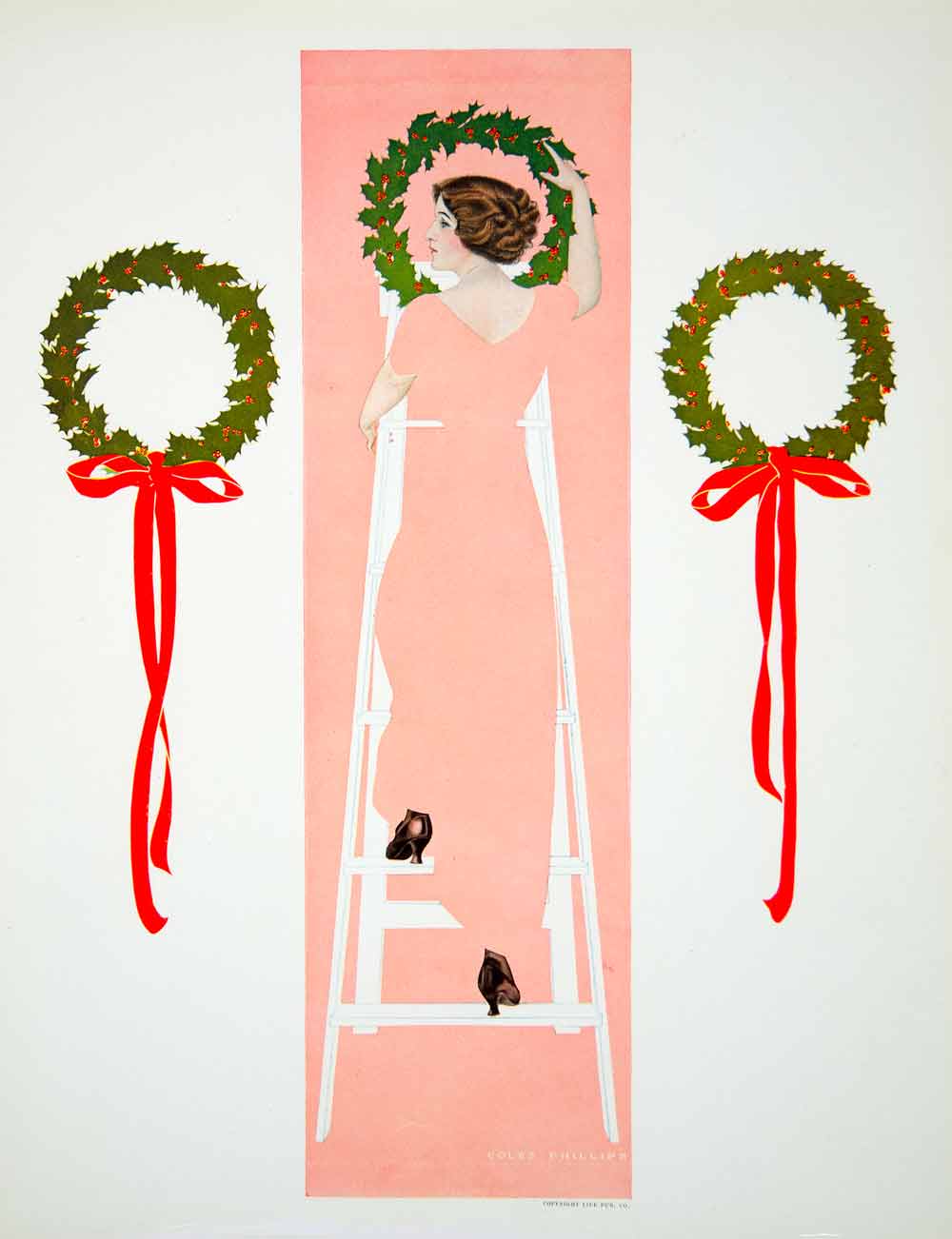 1912 Photolithograph Coles Phillips Fadeaway Girl Hanging Christmas Wreath YMF3