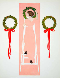 1912 Photolithograph Coles Phillips Fadeaway Girl Hanging Christmas Wreath YMF3