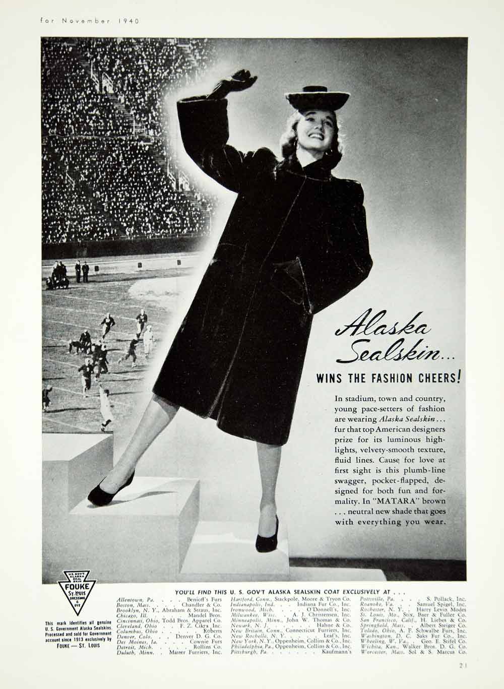 1940 Ad Alaska Sealskin Fur Jacket Matara Forties Women's Fashion Coat YMM1