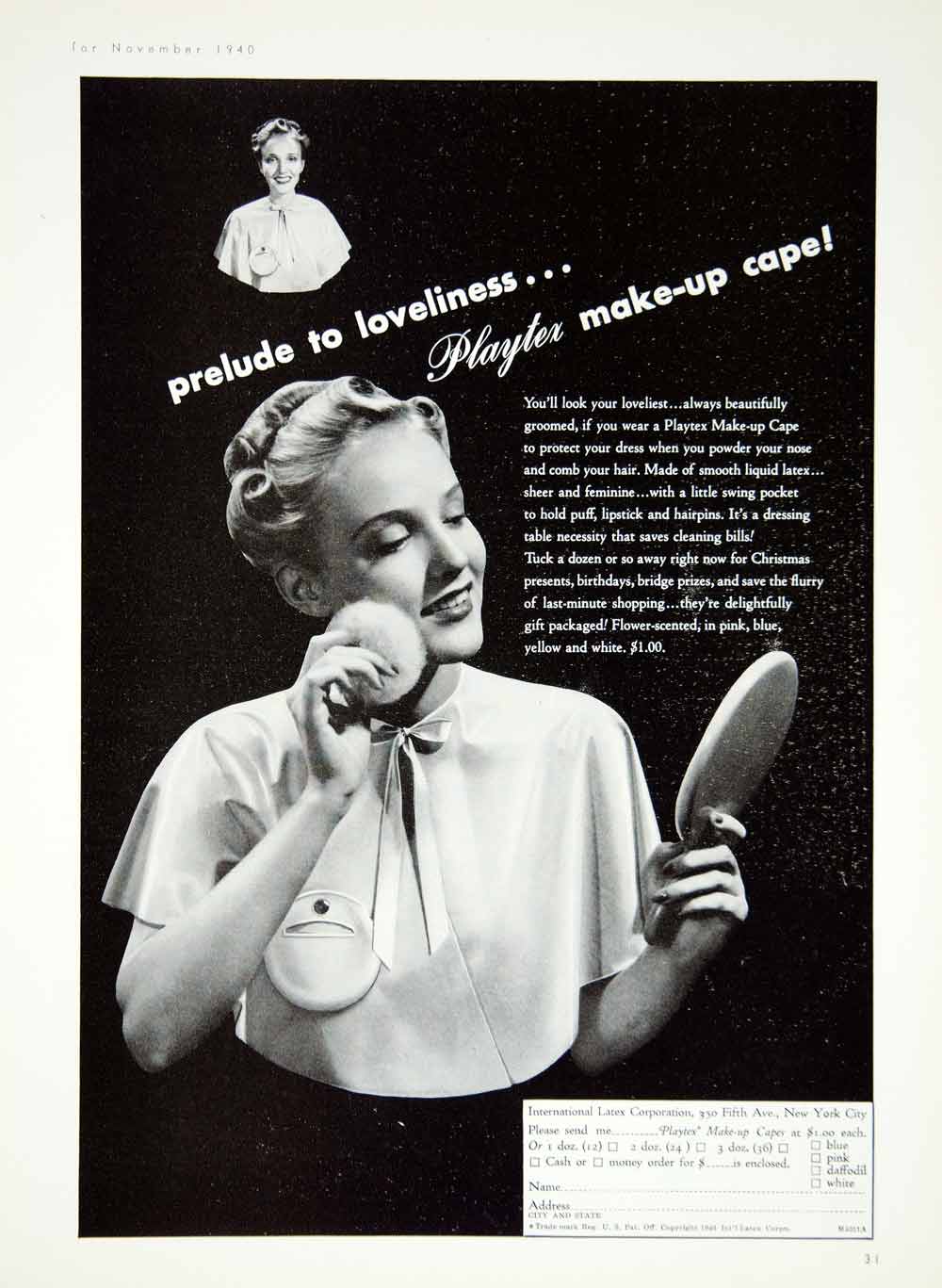 1940 Ad Playtex Makeup Cape Forties Accessory Women Protector Vintage YMM1