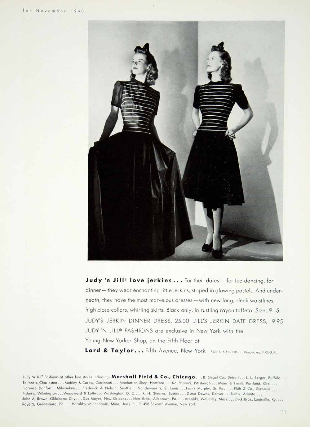 1940 Ad Judy 'n Jill Jerkin Dress Women's Fashion Forties Taffeta Marshall YMM1