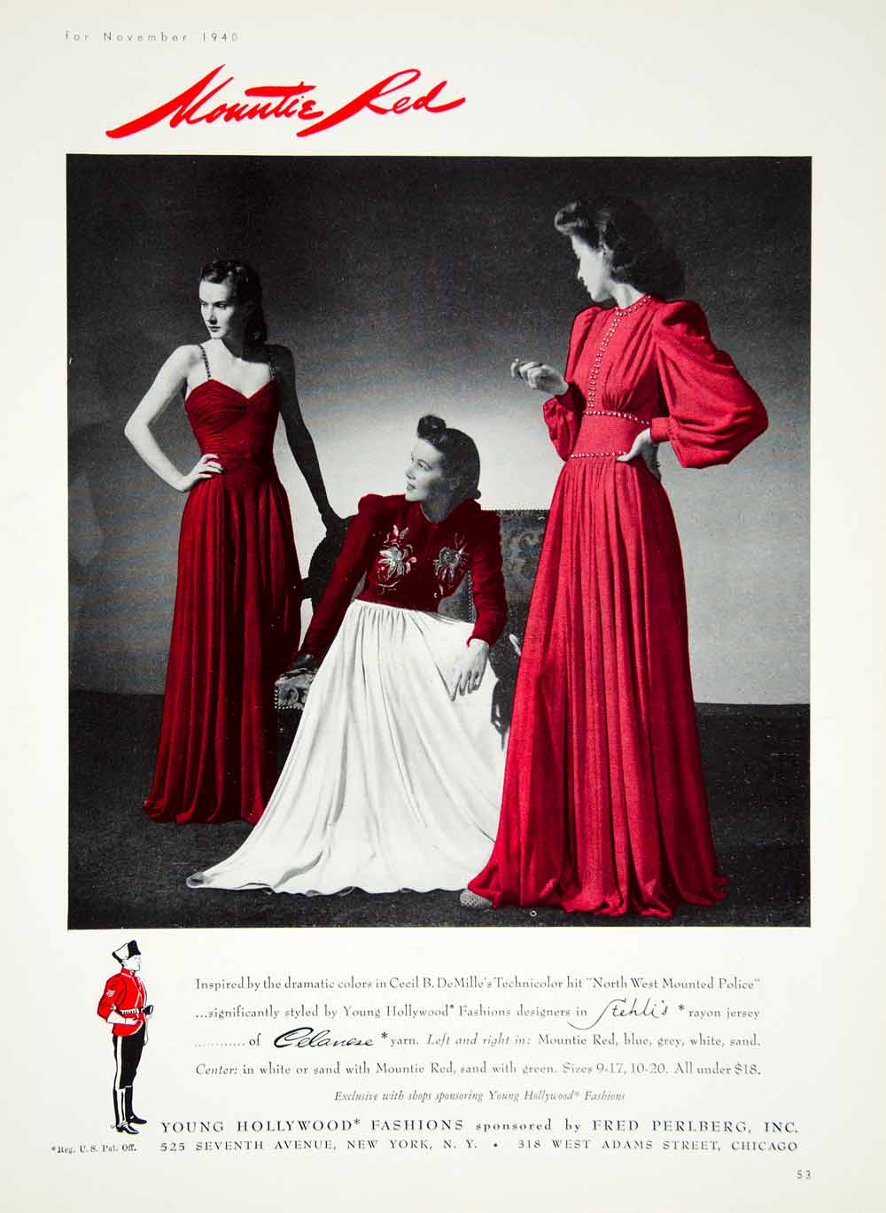1940 Ad Mountie Red Dresses Young Hollywood Fashions Fred Perlberg Celanese YMM1