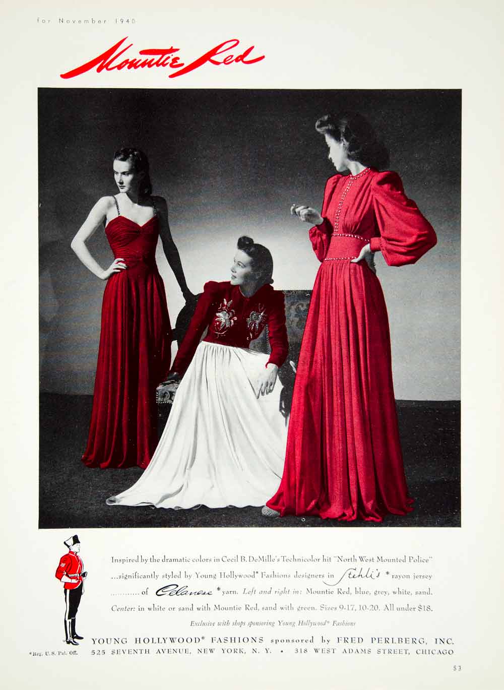 1940 Ad Mountie Red Dresses Young Hollywood Fashions Fred Perlberg Cel –  Period Paper Historic Art LLC