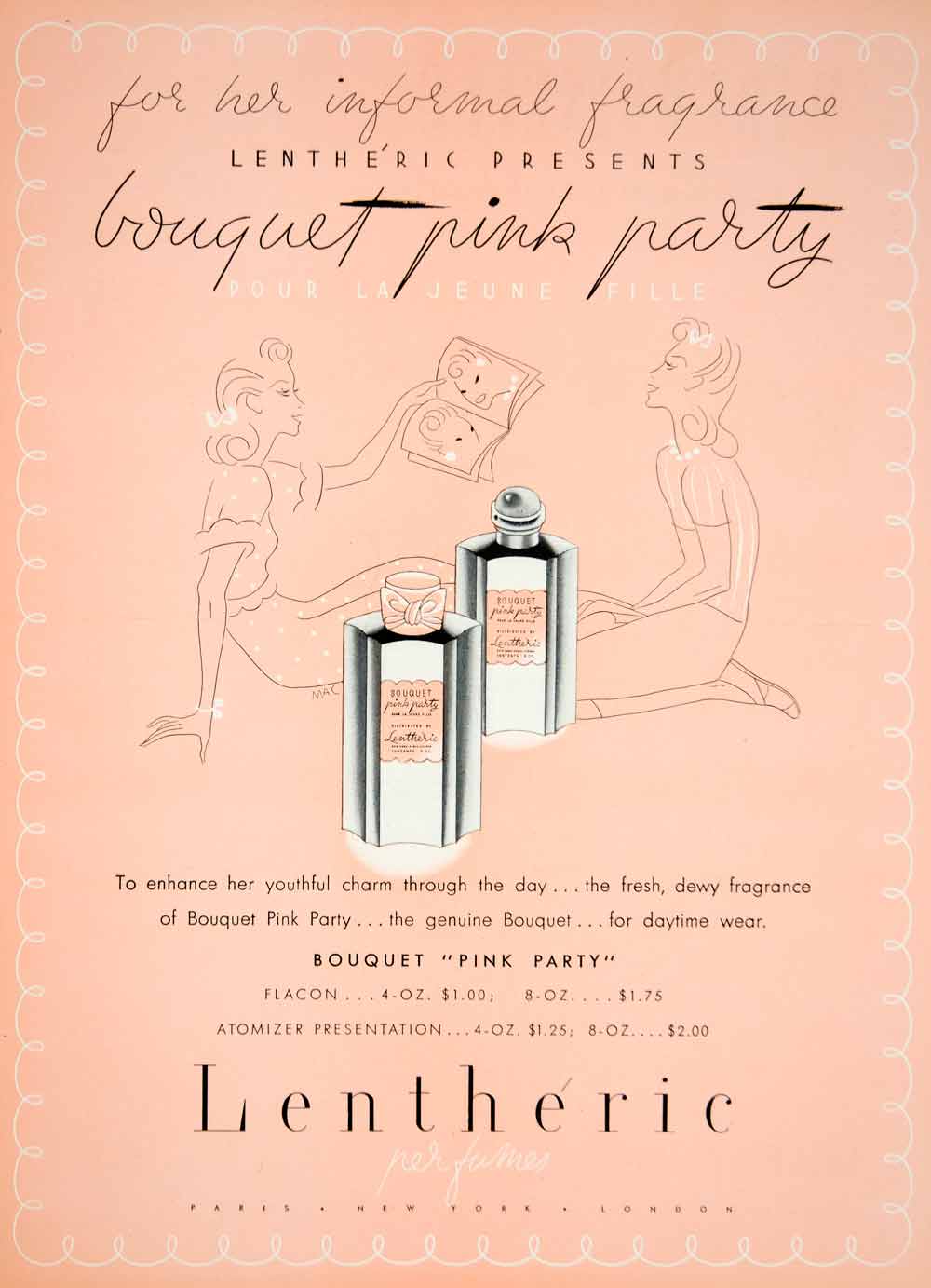 1940 Ad Lentheirc Bouquet Pink Party Perfume Atomizer Flacon Vintage YMM1