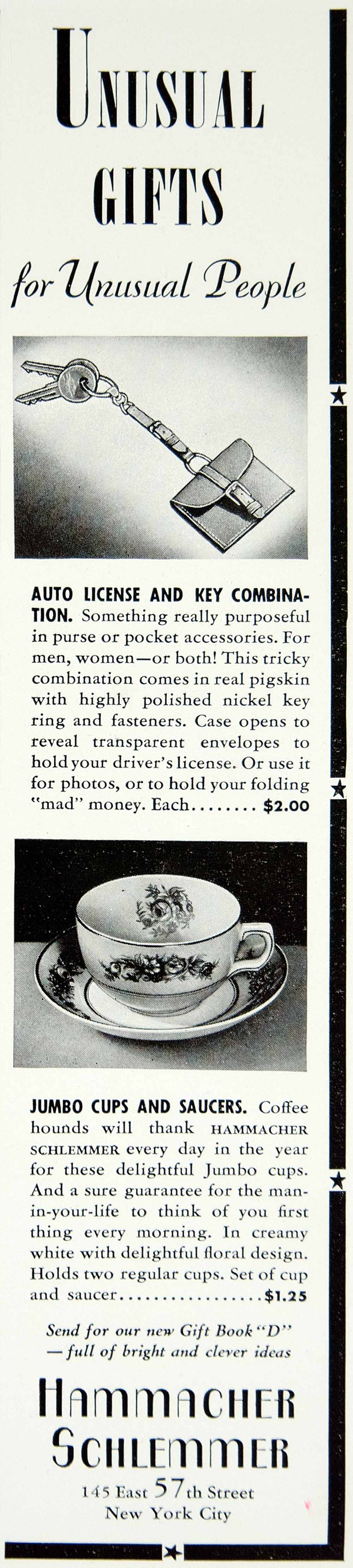 1940 Ad Hammacher Schlemmer Unusual Gifts Jumbo Teacup Key Strap Saucer YMM1