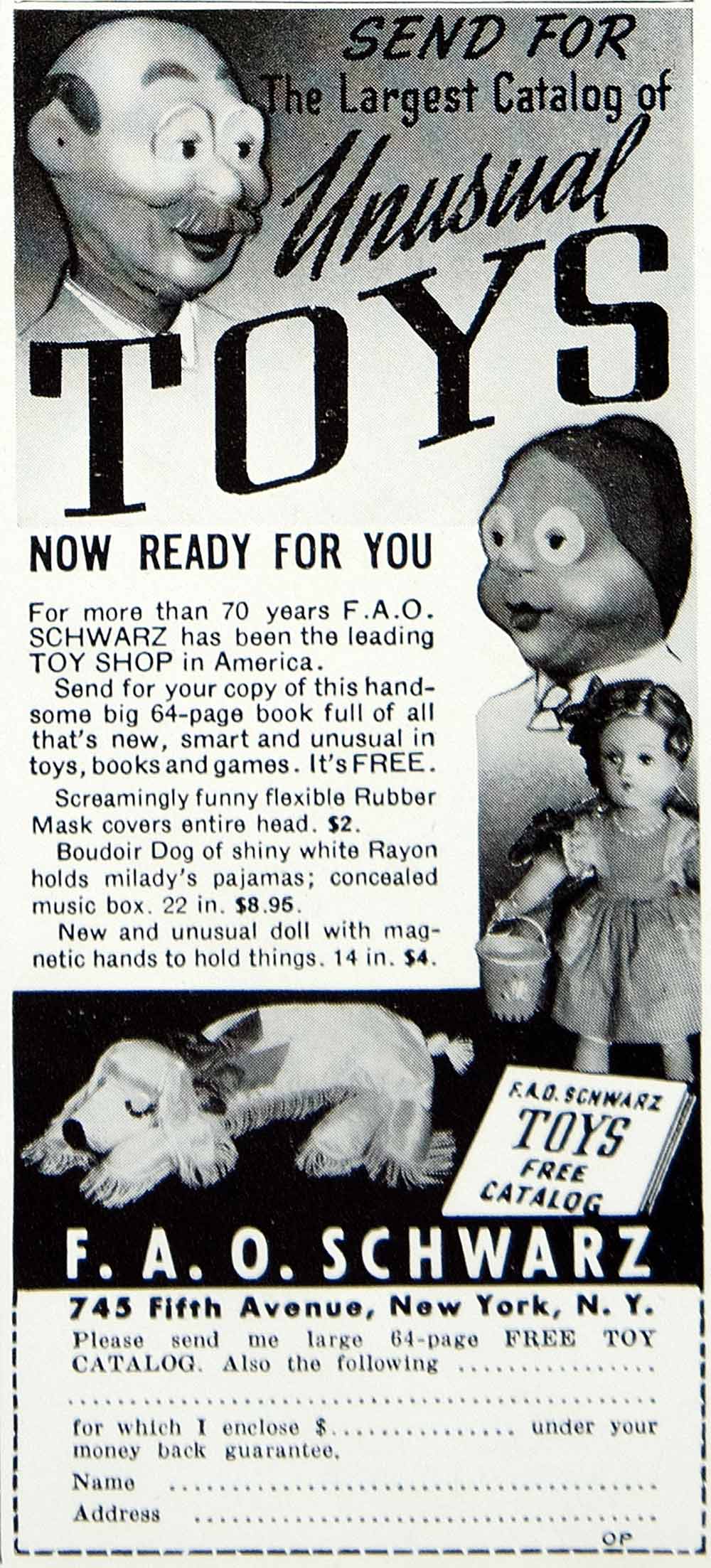 1940 Ad FAO Schwarz Unusual Toys Boudoir Dog Rubber Face Mask Dolls YMM1