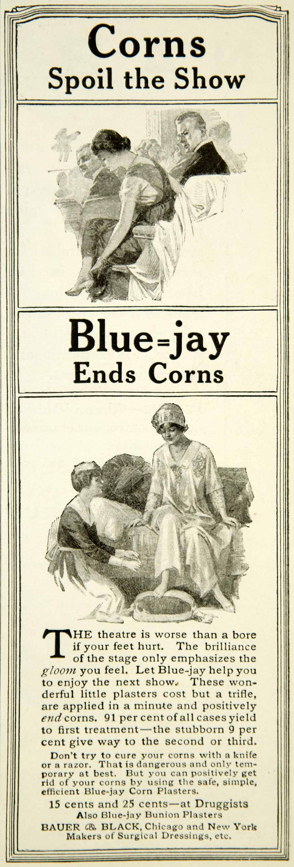 1916 Ad Corns Blue-Jay Feet Care Foot Bunion Plasters Bauer Black Remedy YMM2