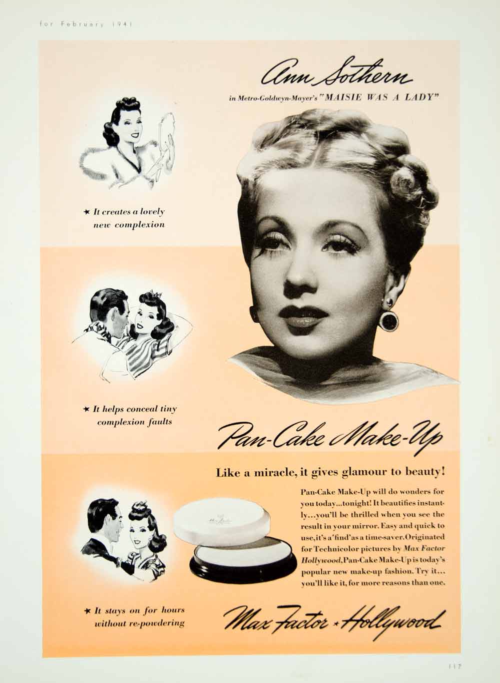 1941 Ad Max Factor Hollywood Pan-Cake Face Make-Up Ann Sothern Cosmetics YMM3
