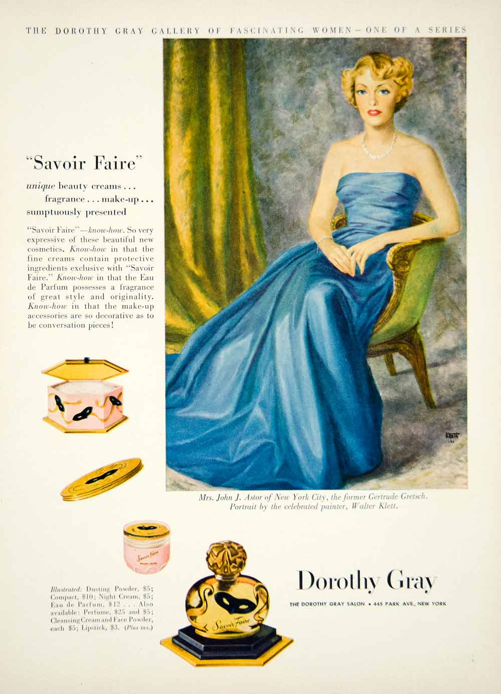 1949 Ad Savoir Faire Perfume Dorothy Gray Gertrude Gretch Astor Walter YMM3