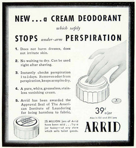 1941 Ad Arrid Cream Deodorant Jar Antiperspirant Perspiration Body Odor YMM3