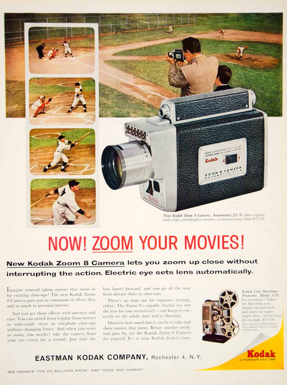1960 Ad Kodak Zoom 8 Automatic f/1.9 Home Movie Camera Projector