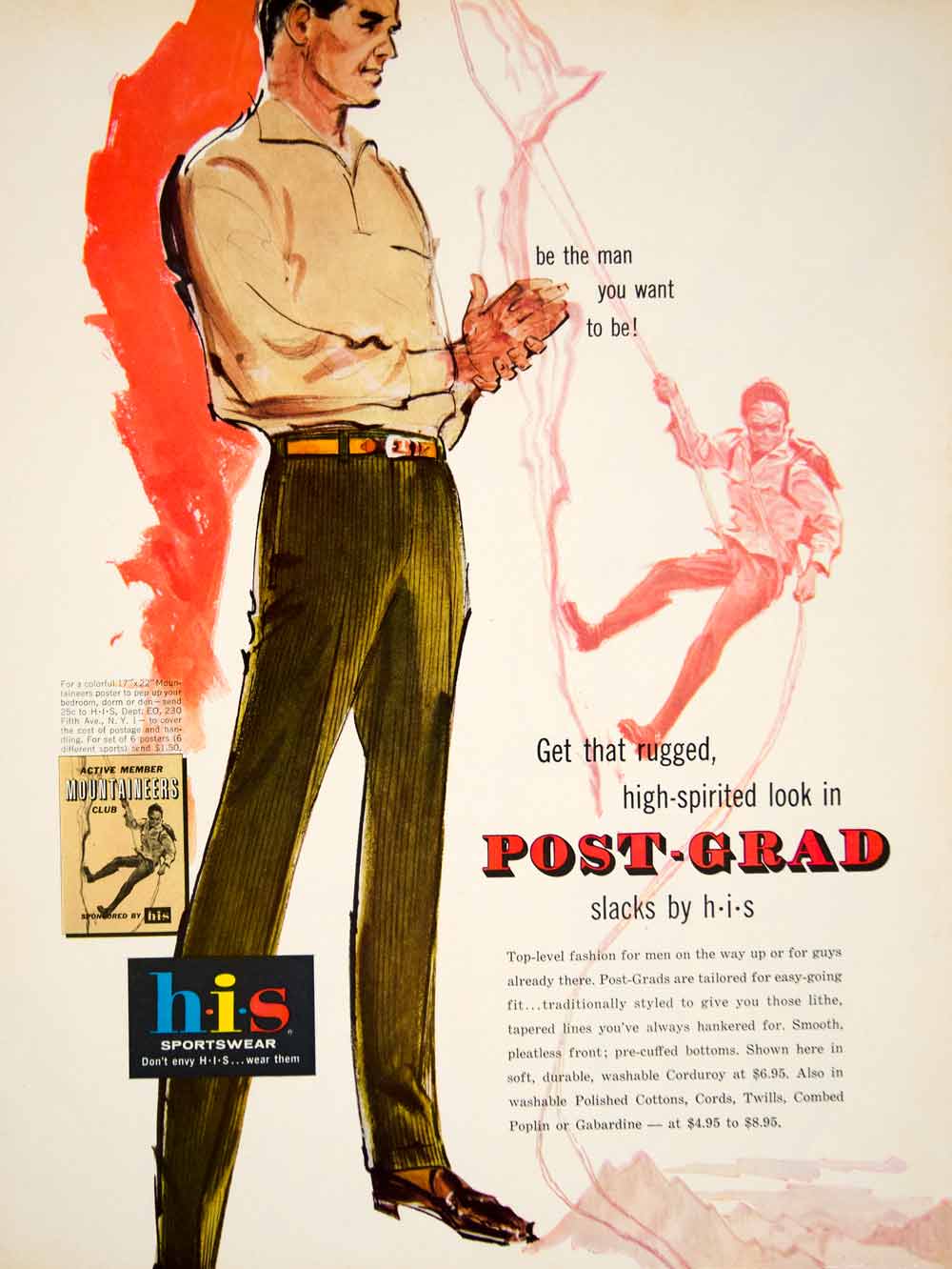 1960 Ad Vintage h.i.s. Post-Grad Slacks Pants Men 60s Fashion