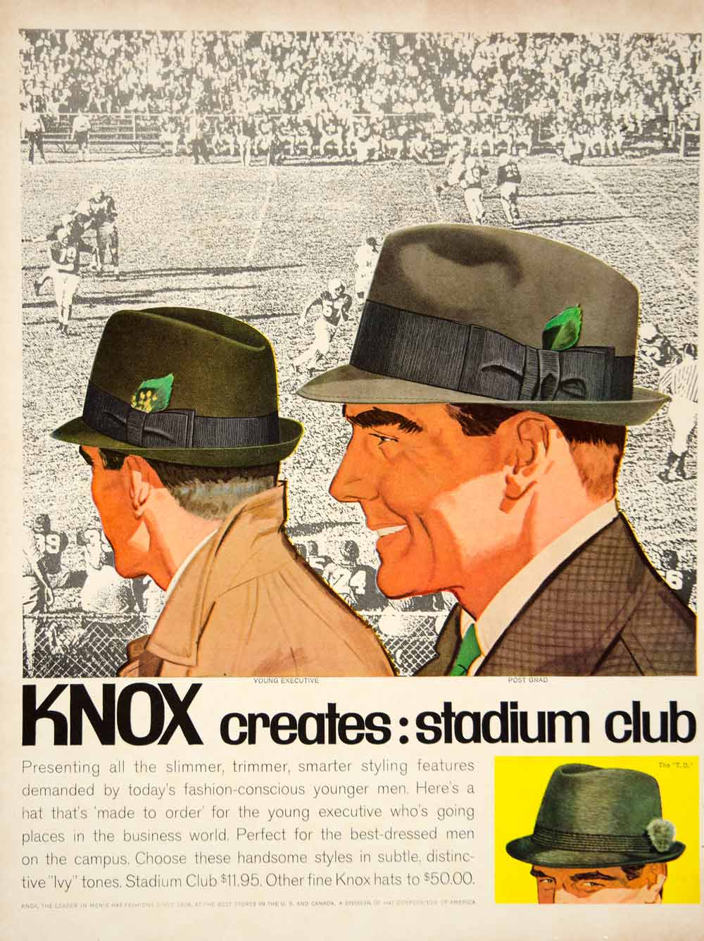 1960 Ad Vintage Knox Stadium Club Hats 60s Fashion Don Draper YMM4