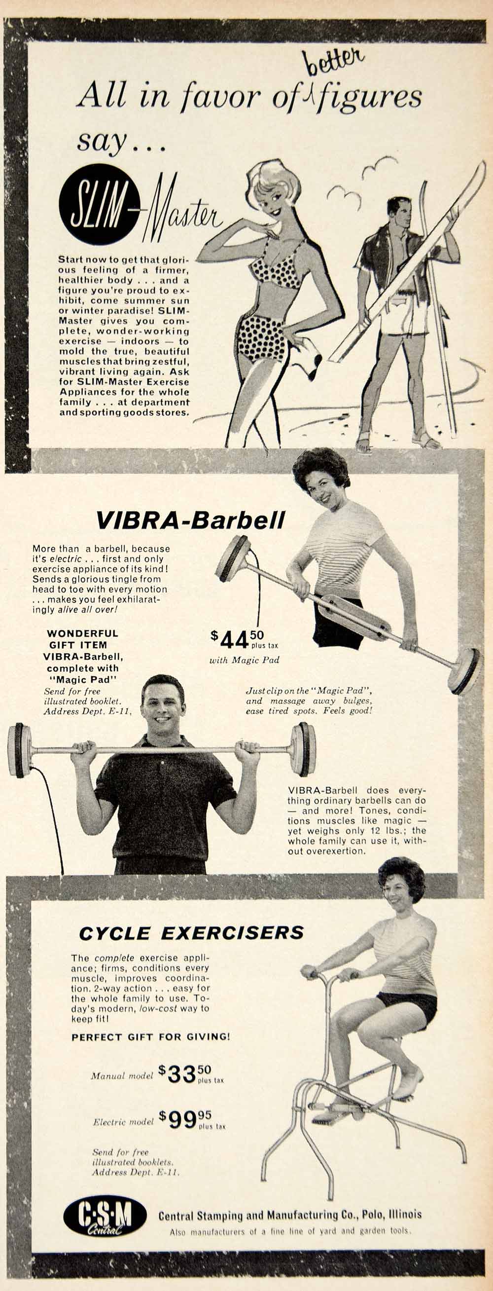 1961 Ad Vintage CSM Exercise Equipment Vibra Barbell Cycle Bike Machine YMM4