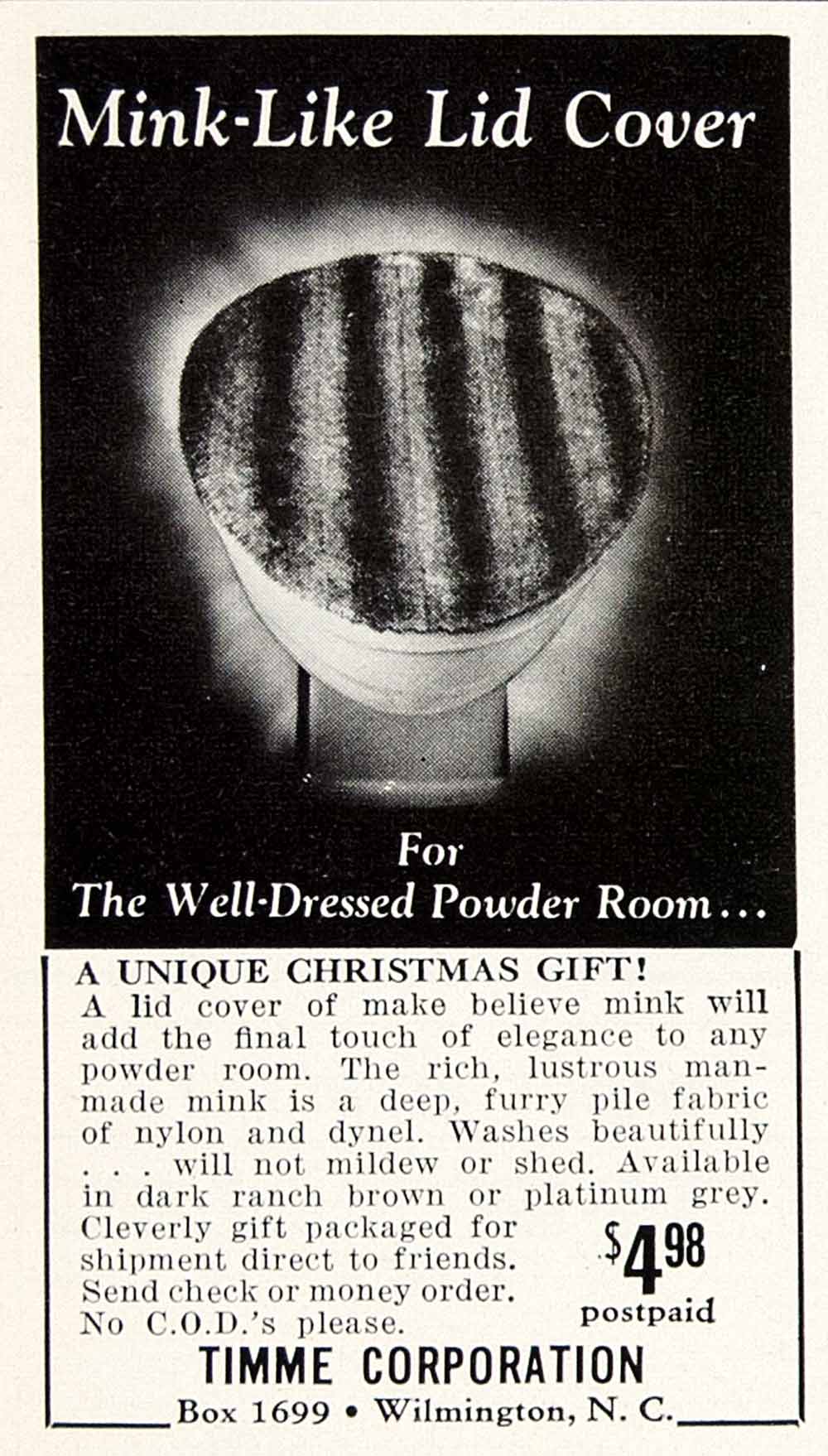 1961 Ad Vintage Fake Mink Fur Toilet Seat Cover Bathroom Powder Room Decor YMM4