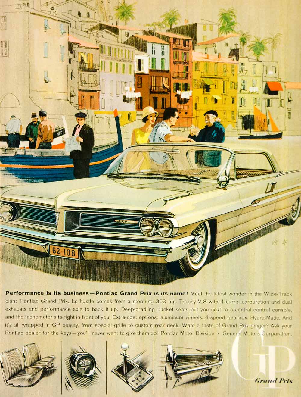 1962 Ad Vintage Pontiac Grand Prix Automobile Car Wide Track General Motors YMM5