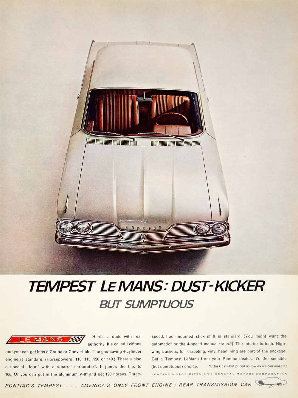 1962 Ad Vintage Pontiac Tempest Le Mans Dust-Kicker White Coupe Convertible YMM5