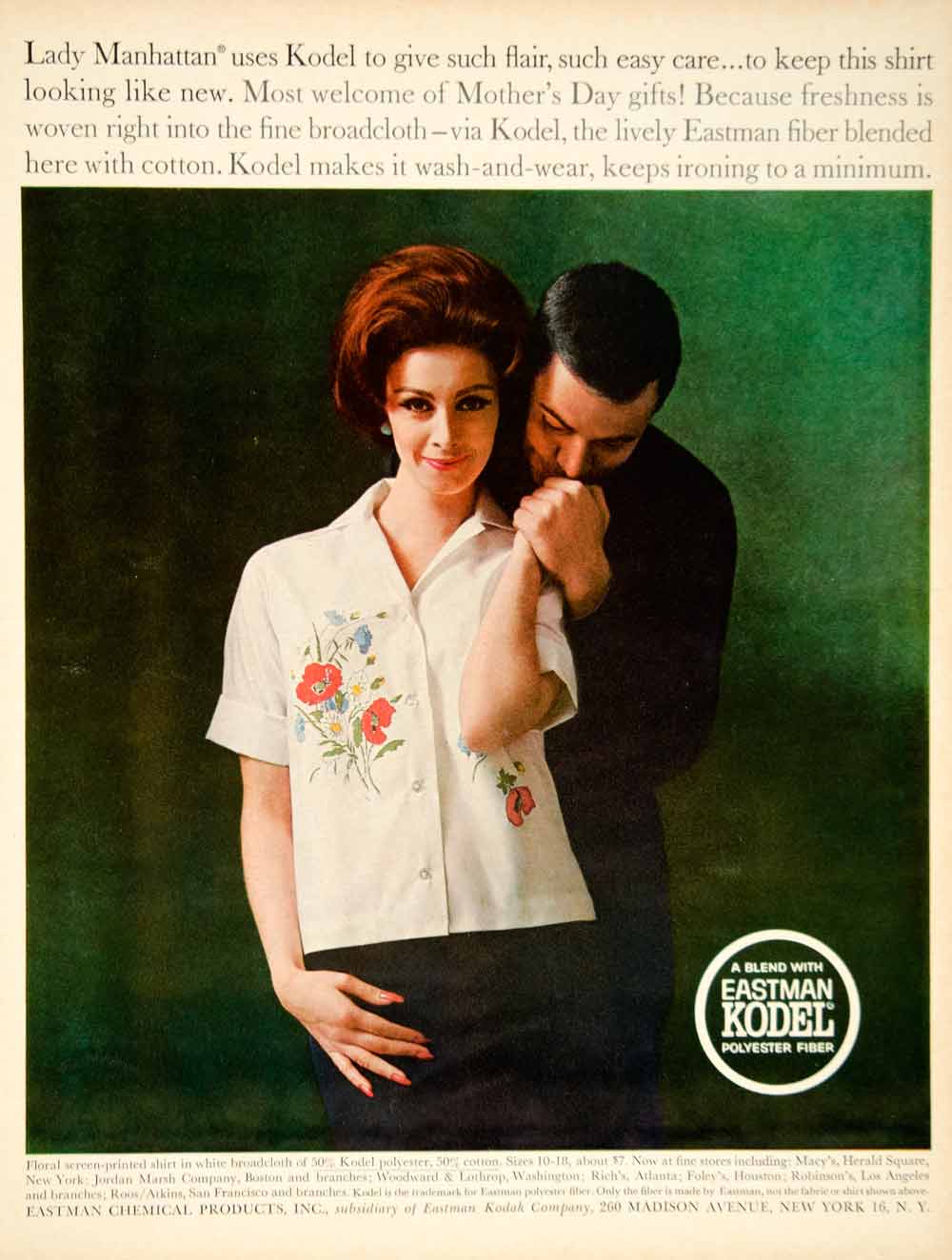 1962 Ad Vintage Lady Manhattan Floral Shirt Kodel Fabric Eastman