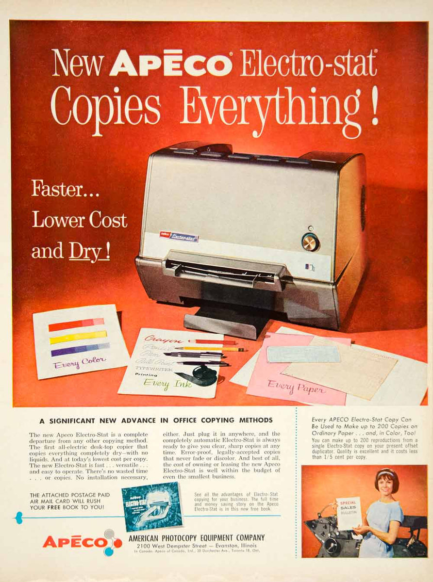 1962 Ad Vintage APECO Electro-stat Office Copier Photocopy Machine YMM ...