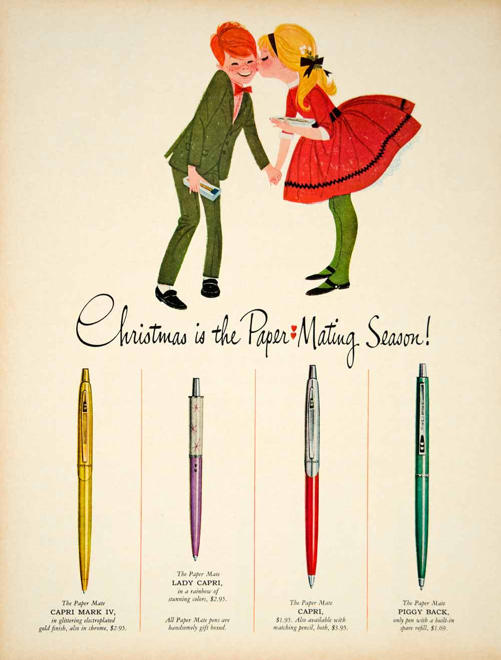 1962 Ad Paper Mate Ball Point Pens Lady Capri Mark IV Piggy Back Boy Girl YMM5