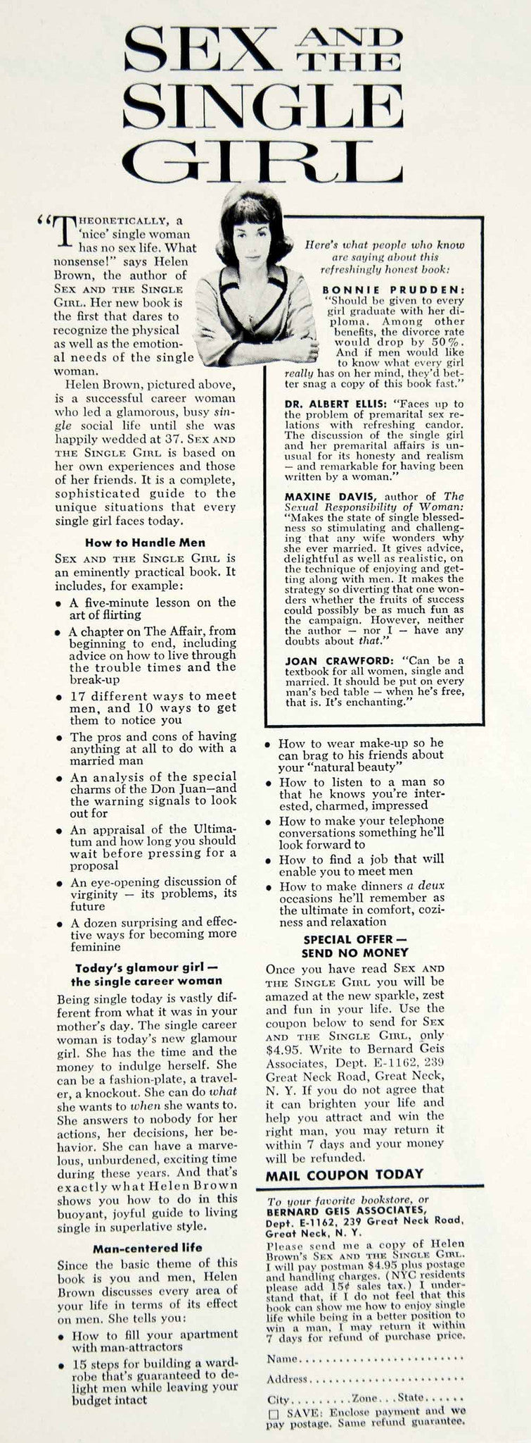 1962 Ad Sex and the Single Girl Helen Gurley Brown Womens Lib Feminism picture