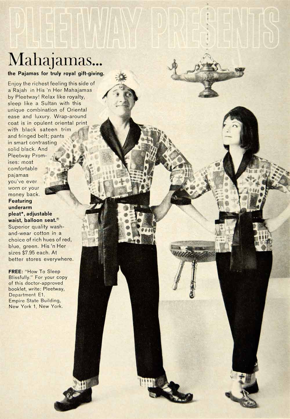 1962 Ad Vintage Pleetway Mahajamas Pajamas PJs His 'n Her Sleepwear Robe YMM5