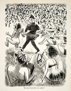 1962 Print Howard Baer Esquire Cartoon Beach Streaker Nude Man Police Cop YMM5