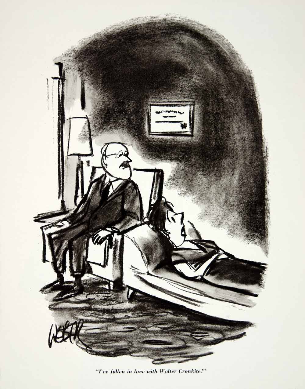 1962 Print Esquire Cartoon Walter Cronkite Woman Psychotherapy Therapist YMM5
