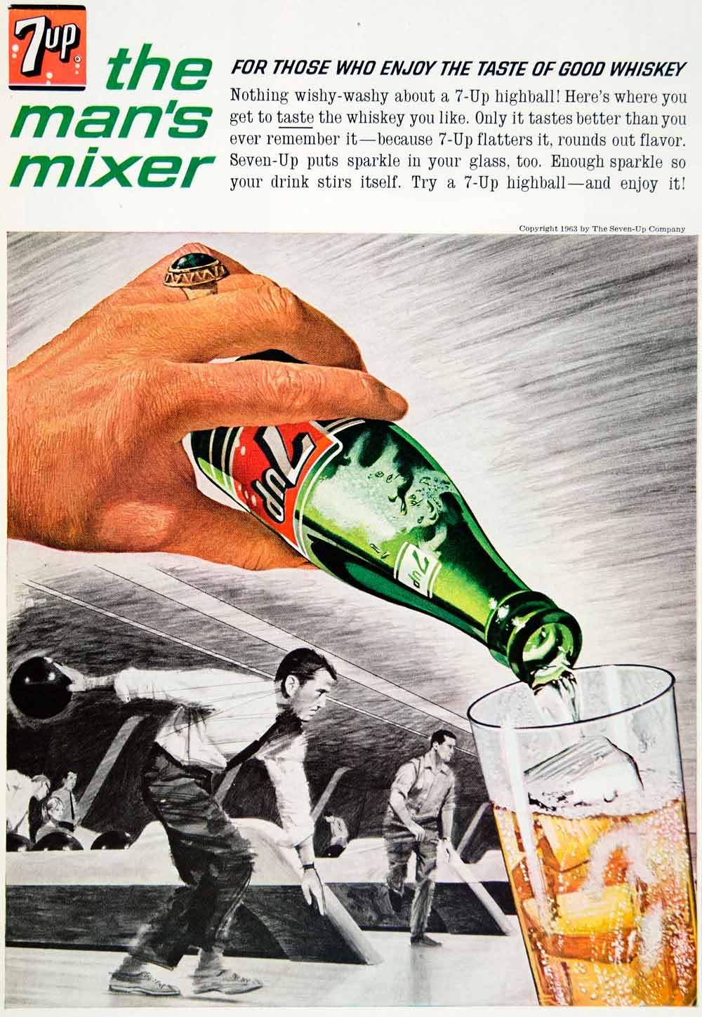 1963 Ad Vintage 7 UP Soda Pop Soft Drink Whiskey Highball Mixer Bowling YMM6