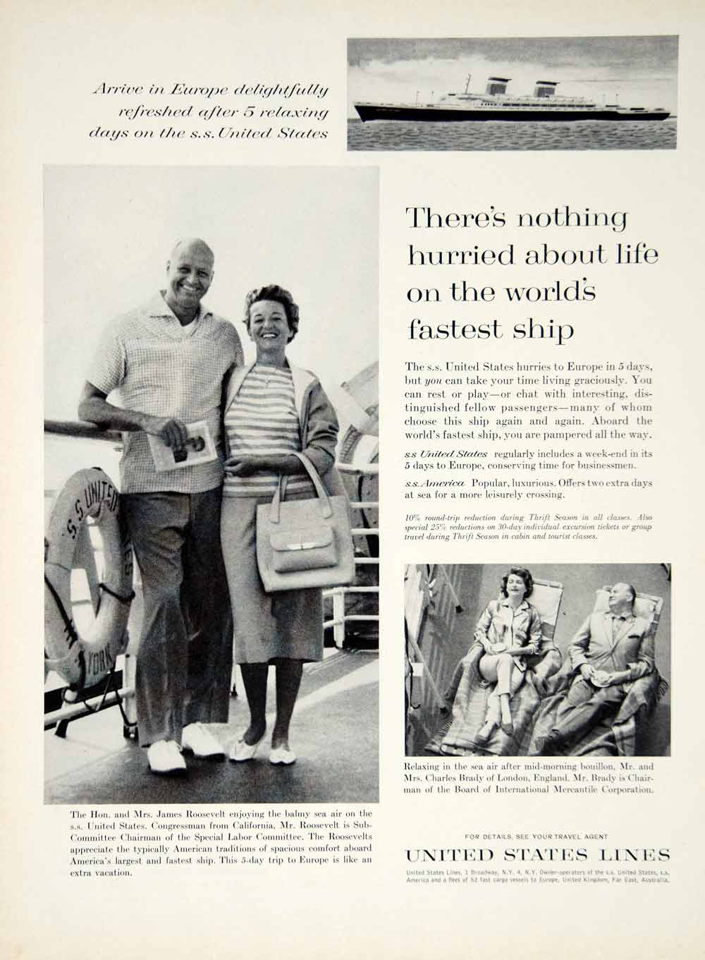 1962 Ad United States Lines Ships Ocean Liners James Roosevelt Charles YMMA1