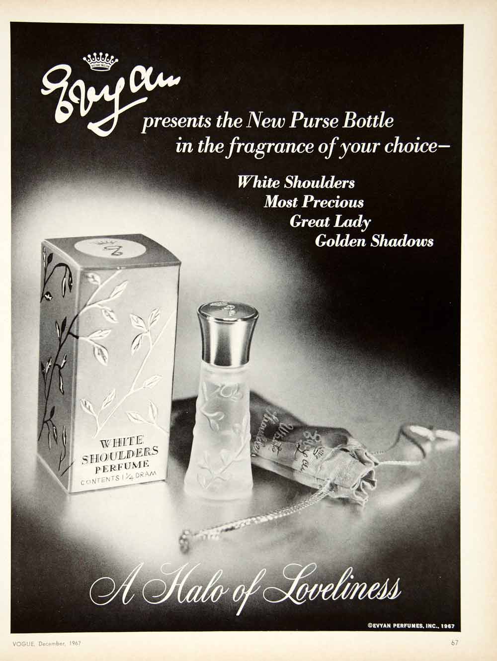 1967 Ad Vintage White Shoulders Perfume Evyan Fragrance Women Purse Bottle YMMA1