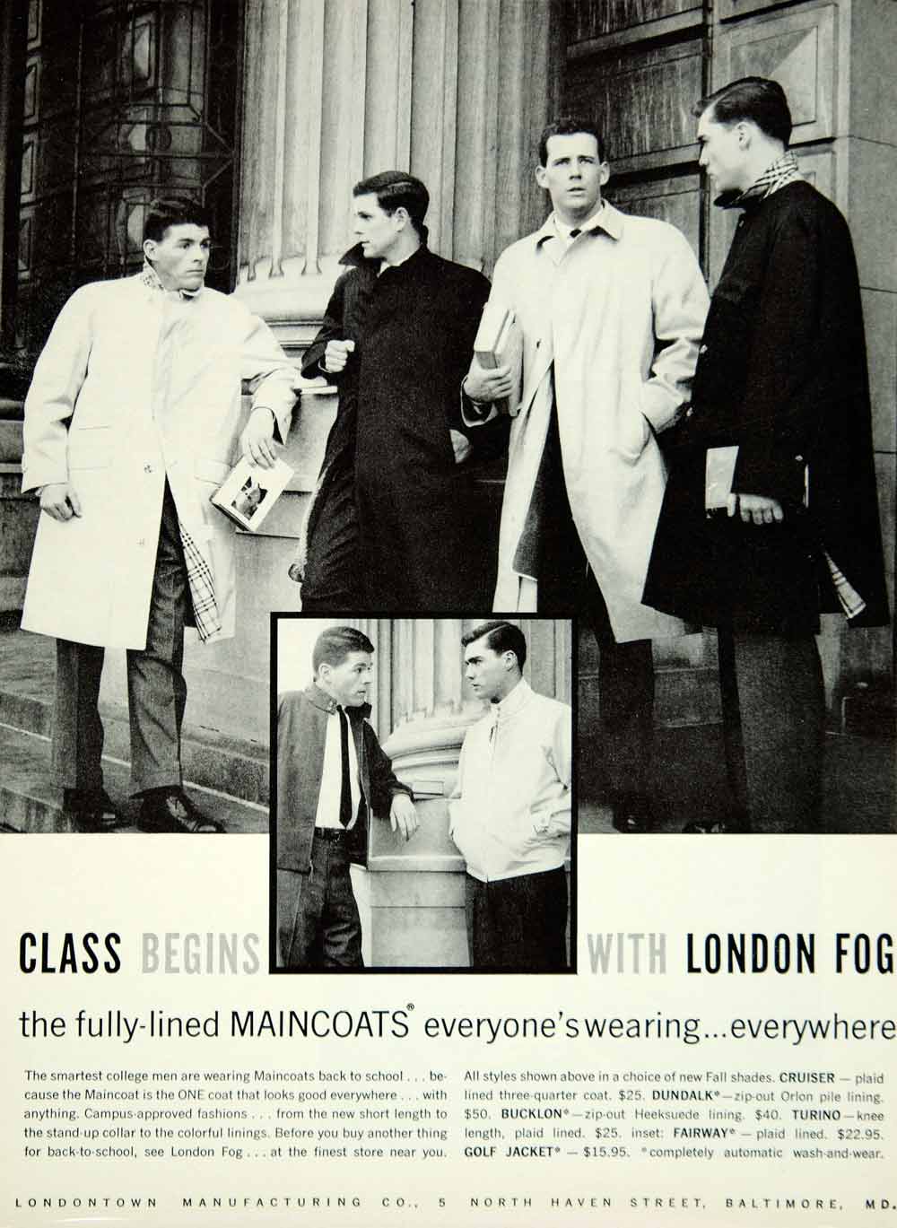 1959 Ad London Fog Maincoat Raincoat College Men Fashion 60s Style Coat YMMA2