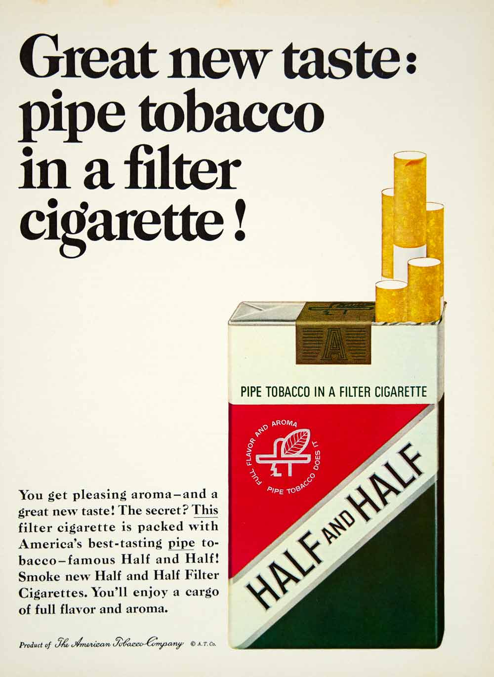 1965 Ad Half and Half Cigarettes Pipe American Tobacco Co. Filter Pack YMMA3