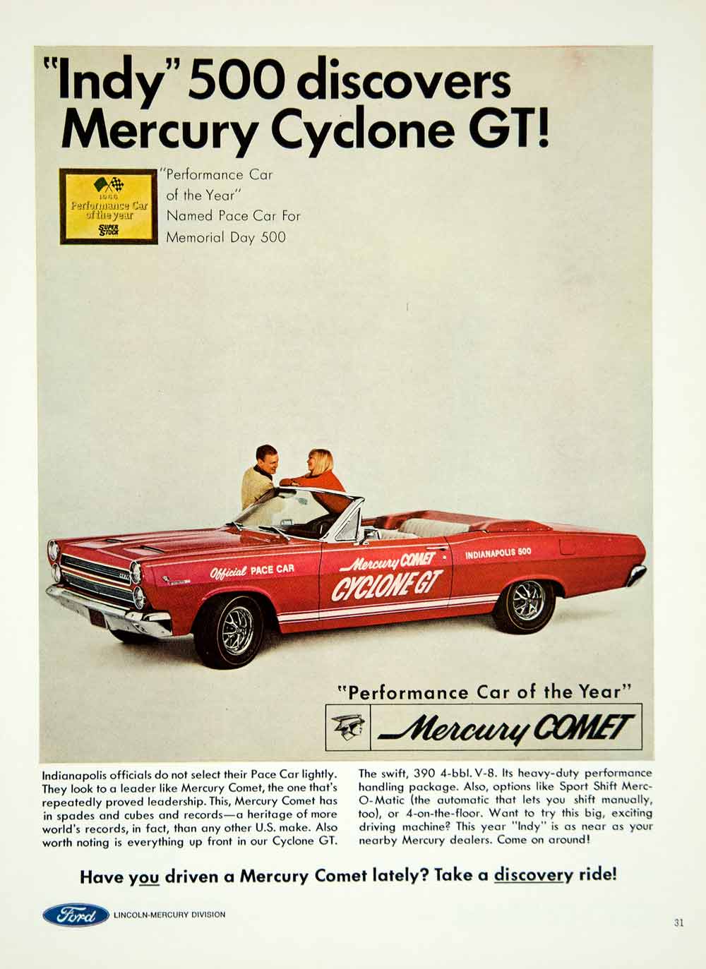 1966 Ad Ford Mercury Comet Cyclone GT Indianapolis Indy 500 Pace Car YMMA3