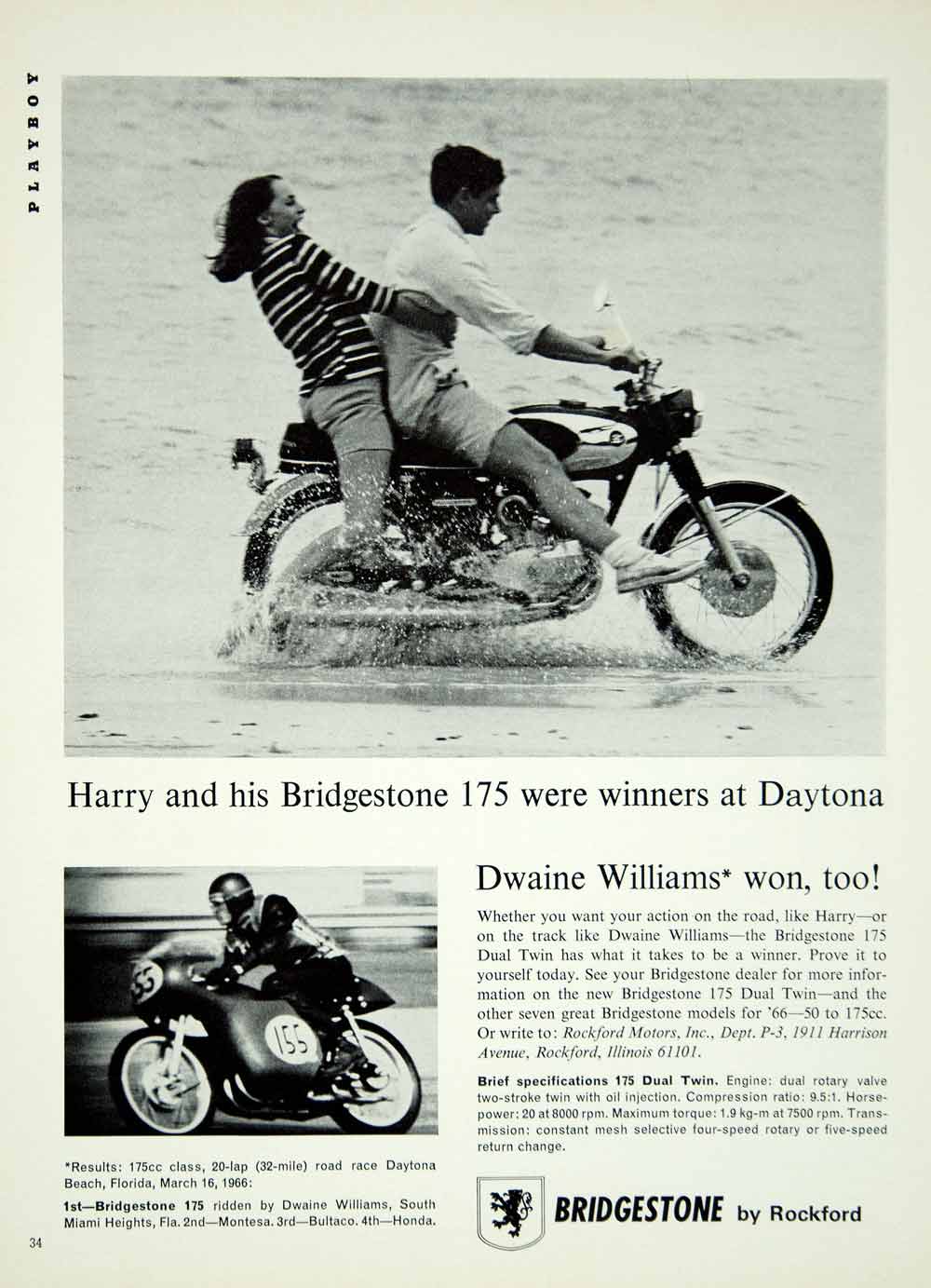 1966 Ad Bridgestone 175 Duel Twin Motorcycle Dwaine Williams Daytona Beach YMMA3